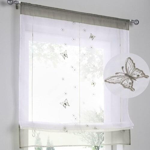 Butterfly Embroidered Roman Finished Curtain Gray Curtain Blinds For Kitchen Height Liftable Gauze Small Coffee Curtain T157#4