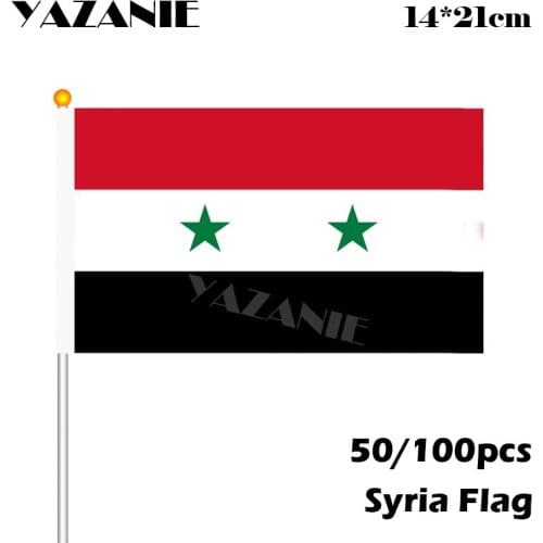 YAZANIE 14*21cm 50/100pcs Syria Hand Flag National Hand Flag Polyester Small Size Flying Banner Custom Shake Waving Mini Flag