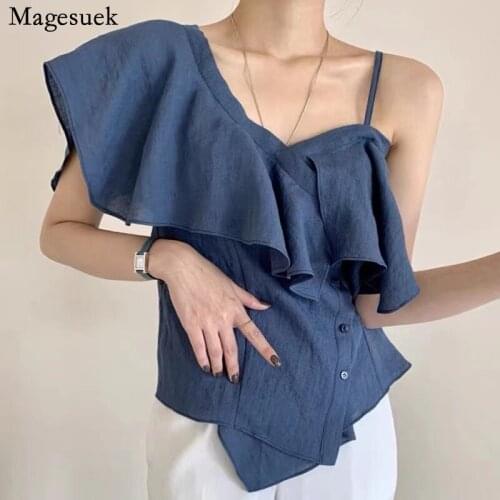 Korean Elegant Ruffles Summer Blouses Women Irregular Single-breasted Sling Shirt Sexy Leaky Shoulders Slim Women Tops 15240