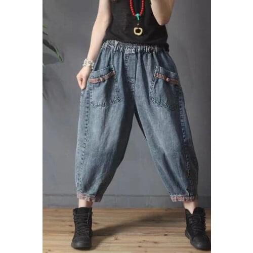 New 21Women Jeans Summer Retro Washed Bleached Pockets Frog Buttons Female Calf-Length Harem Pants Denim Thin Fashion