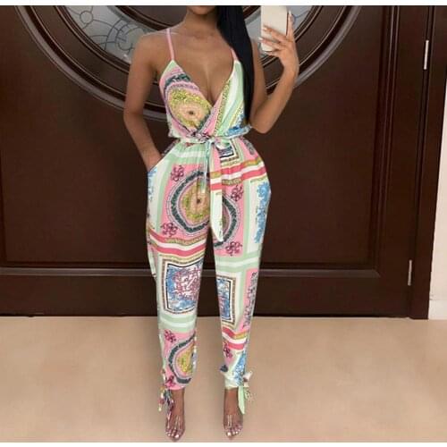Elegant Floral Print Sleeveless Off Shoulder Romper Sexy V Neck Sling Women Party Jumpsuit Summer Casual Loose Wide Leg Overalls