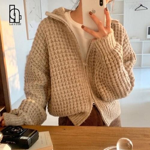 Women Autumn Winter Vintage Short Sweater Jacket 2021 Zipper Lapel Collar Knitted Coat Full Sleeve Thick Outwear Cardigan