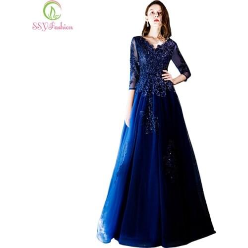 SSYFashion New Long Evening Dress V-neck Navy Blue Lace Appliques 3/4 Sleeves Floor-length Banquet Elegant Party Formal Gowns