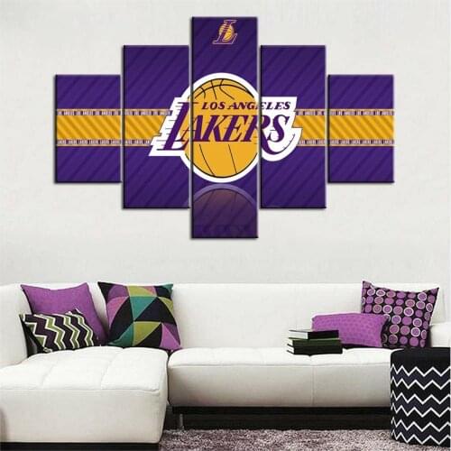 5 Piece Los Angeles Basketball Logo Poster Canvas Picture Print Wall Art Canvas Painting Wall Decor for Living Room Framed