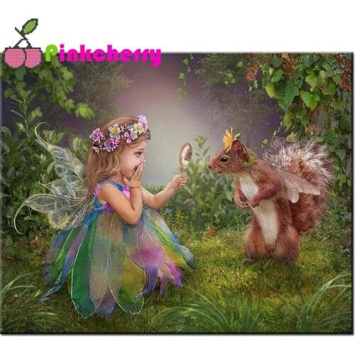 3d diy Little girl and squirrel diamond painting cross stitch diamond mosaic full square round diamond embroidery sale k661