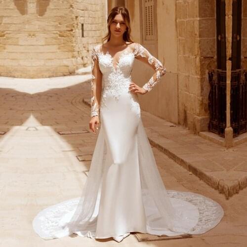 Glitter Mermaid Wedding Dresses Boho O-Neck Lace Appliques Long Sleeves Strench Satin White Country Bridal Gown suknia ślubna