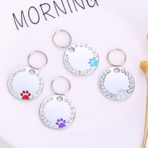 Pet DogsTag Key Chain Collar Charm Metal with Rhinestone Round Paw Design Anti-Lost Supplies Collars Ring