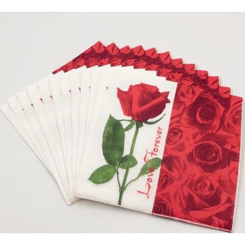 20PCS/lot 33cmx33cm Printed A Red Rose Flower Love Forever Paper Napkins For Wedding Birthday Decoration Party Supplies