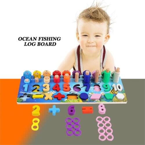 Wooden Math Fishing Game Toy Kit Funny Kids Counting Shape Matching Sorting Logarithmic Plate Learning Cognition Toy