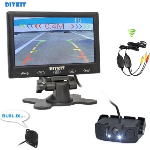 DIYKIT 7 inch Touch Button Ultra-thin Car Monitor + LED Rear View Car Camera Wireless Parking Radar Sensor Assistance System Kit