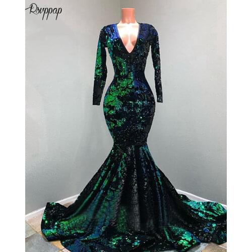 Long Mermaid Prom Dresses 2020 Sparkly Sequin Long Sleeve V-neck Emerald Green And Black African Black Girl Women Prom Dress