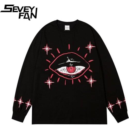 SEVEYFAN Mens Fashion Eye Cross Printed T Shirts Hip Hop Oversize Long Sleeve Tees Autumn Streetwear Cotton Tops for Male