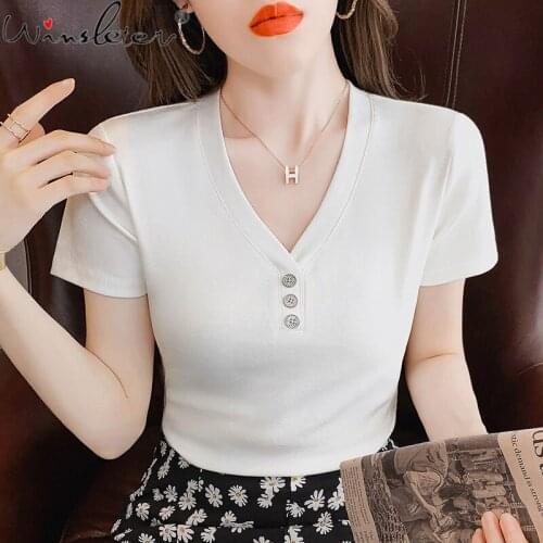 2021 Basic Cotton T-shirt Women Solid V-neck Buttons Diamonds Slim Waist Stretchy Casual Tops Tees Short Sleeve New T17113A