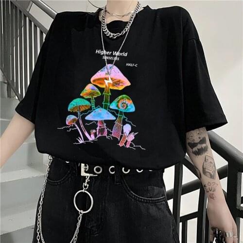 Harajuku T-shirt Colorful Mushroom Letter Printing Oversized Gothic Punk Women T-shirt O-Neck Cotton Top T-shirt Kawaii Clothes