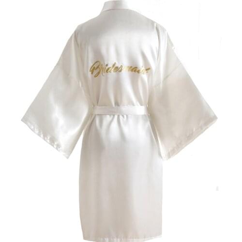 Womens White Satin Kimono Robe Silk Bathrobe for Bridesmaid Wedding Party with Gold Glitter Sleepwear