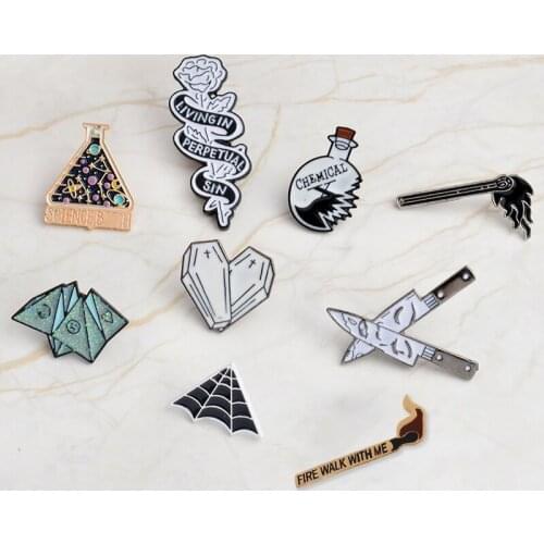 Classic Vintage Metal Pins Origami Game Rose Coffin Spider Web Matches Brooches Badges Enamel Pins Jewelry Gifts For Friends