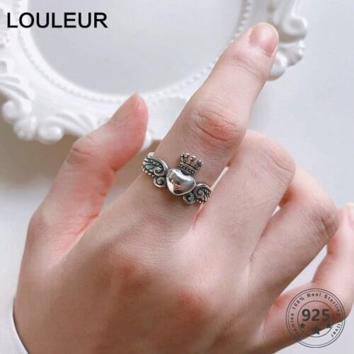 LouLeur Genuine 925 Silver Sterling Crown Rings Original Vintage Heart Wings Ring For Women Girl Fashion Jewelry Gift Party Ring
