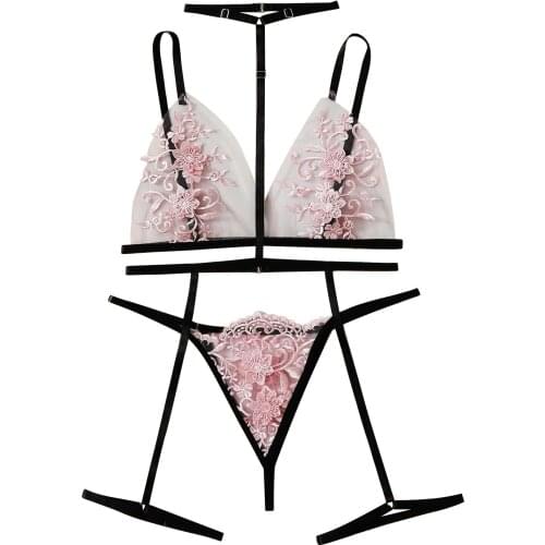 Women Sexy Floral Print Embroidered Halter Garter Thong Bra Erotic Underwear Hollow Out Perspective Breathable Lingerie Set