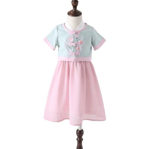 Childrens Clothing Sets Girls Summer Short-sleeved Suit Hanfu Costume Photo Clothes Sets Kids 2pcs Floral Tops Shirt+ Skirt