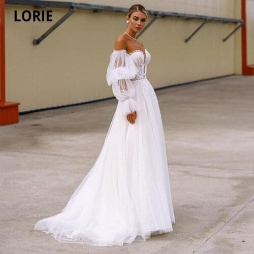 LORIE Beach Wedding Dresses With Remove Puffy Sleeve 2021 Boho Princess Bridal Gowns V-neck Open Back Shiny Tulle Wedding Gowns