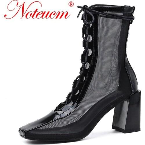 Fashion Designer Female Brand Summer Square Head Mesh Black Brown Sock High Heel Lace up Hole Cut Ankle Boot Shoe for Women 2021