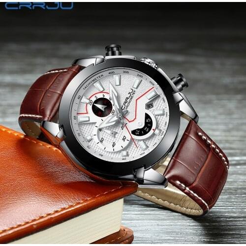Watches Mens 2021 CRRJU Top Brand Luxury Casual Leather Quartz Mens Watch Business Clock Male Sport Waterproof Date Chronograph