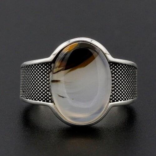 Natural Agate Men Rings 925 Sterling Silver with Big Oval Stone Vintage Elegant Ring for Male Women Turkish Silver Fine Jewelry