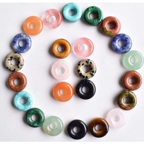 Natural stone Quartz crystal tiger eye Opal Turquoises circle 15mm donut charms pendant for Diy jewelry making Necklace 24pcs