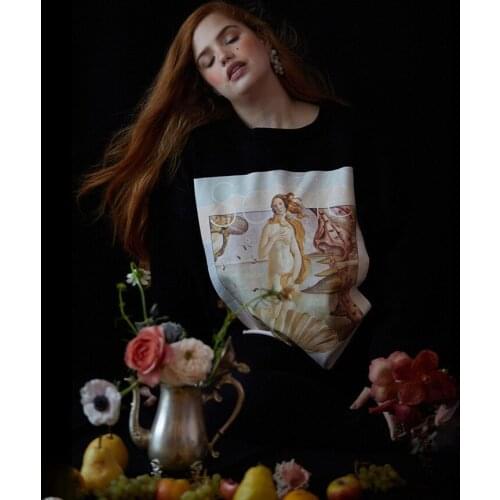 2021 Autumn New European and American Style Printed Round Neck Loose Venus Oil Painting Style Pullover Sports Casual Sweater