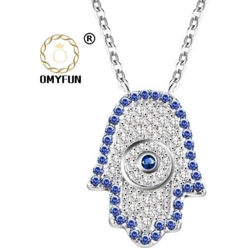 OMYFUN Bule Eye of Fatima Hot Middle East Popular 925 Silver Jewelry Micro Paved White Mixed Blue CZ Hamsa Hand Pendant Necklace