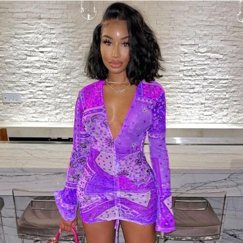 Adogirl Flare Sleeve Sheer Mesh Dress V Neck Summer Women Sexy Club Party Short Bodycon Mini Dress Fashion Print Ruched Outfits