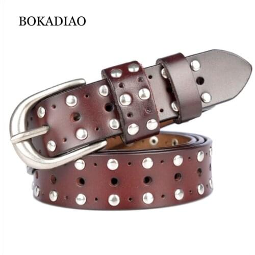 BOKADIAO Hot womens genuine leather belt Punk Rivet luxury brand designer belts for women high quality casual female jeans belt