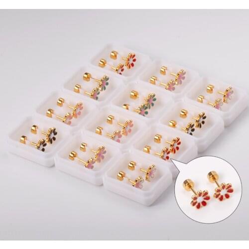 12 Pairs 316L Stainless Steel Flower Stud Earrings Colorful Gold/Silver Color Wholesale Earrings Fashion Jewelry for Women