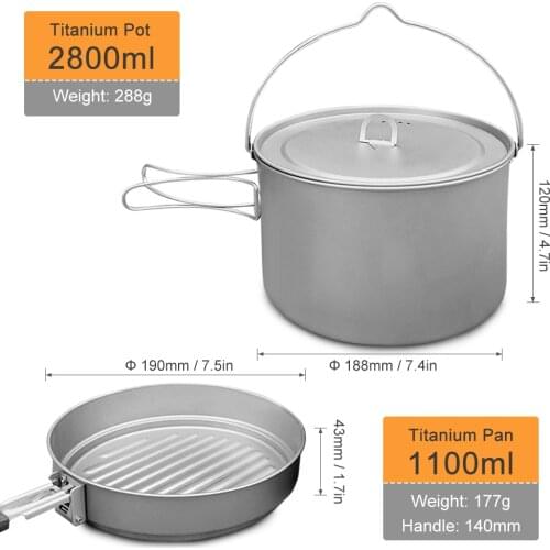 Titanium Cookware Set Titanium Pot Camping Pan 2.8L Pot with 1.1L Pan for Outdoor Camping Backpacking Hiking Picnic Cooking