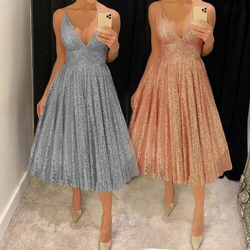 Spaghetti Stras Evening Dresses Short Luxury 2021 Deep V-Neck Glitter Tea-Length Prom Gowns Summer Women Princess Party Dress