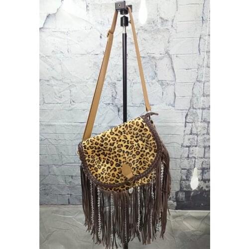 New Vintage Women PU Tassel Leopard Shoulder Crossbody Bag Canvas Sunflower Fringe Message Purse Cow Printed Handbag For Ladies