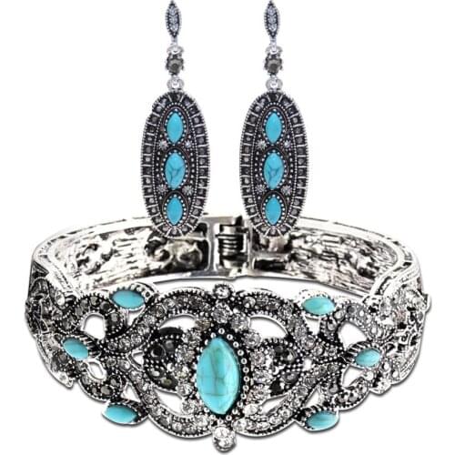 Vintage Antique Silver Color Earrings Bangle Jewelry Sets Hollow Flower Green Stone Bangle Bracelet Gypsy Bride Cuff Jewelry