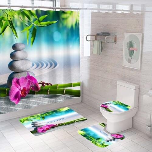 Tree Stone Shower Curtain Lake with Non Slip Rug Mat Bathroom Curtains Frabic Waterproof Polyester Bathroom Curtain with Hooks