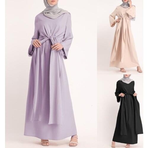 Women Dubai Abaya Muslim Clothing Islamic Kaftan Fake 2 Piece Bandage Maxi Dress Eid Arab Turkish Solid Color Long Sleeve Robe