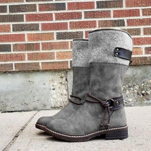 Women Mid-Calf Boots Round Toe Low-Heeled Non-Slip Boots Female Motorcycle Boots Buckle Strap Mid-Calf Boots