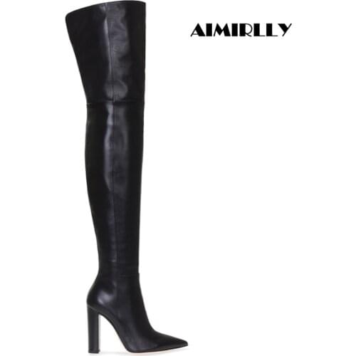 Womens Over the Knee Boots Winter Thigh High Long Boots Pointed Toe Block Heel Short Zipper Black Nude Ladies Fashion Boots
