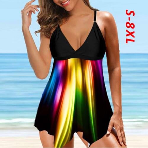 2021 New Women Swimwear Print Swimming Dress Plus Size 8XL Summer Beach Irregular Hem Bathing Suit Large Tankini Beach Wear