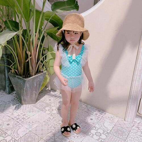2-10Y Girls One Piece Swimsuit Baby Dots Skinny Swimwear Child Bow Bathing Suit Cute Beachwear Infant Sweet Lace Skirt Bikini