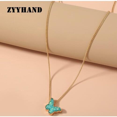 Opal Golden Butterfly Pendant Necklace Women Casual 18Inch Cross Chain Lady Sexy Simple Style Wedding Resin Neck Jewelry