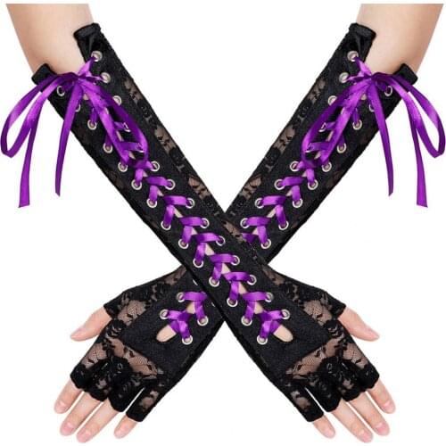 Lady 1 Pair Stylish Bandage Flower Pattern Lace Corset Gloves Women Elbow Gloves Fingerless for Prom