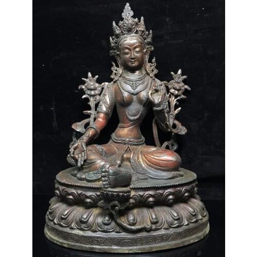 12"Tibet Buddhism Old Bronze Cinnabar Lacquer Green Tara Bodhisattva Statue Sitting Buddha Enshrine the Buddha