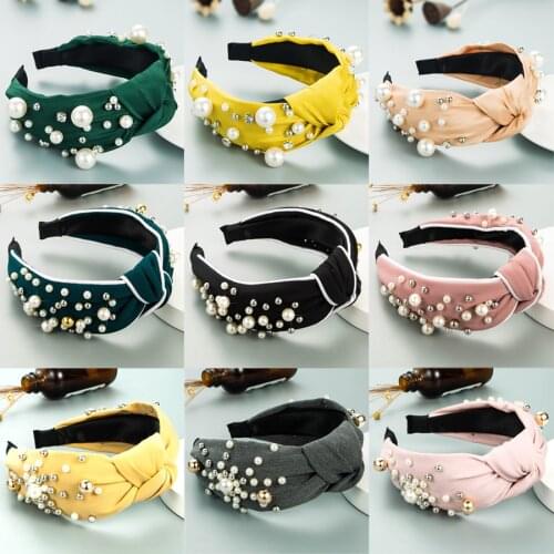 2020 Fashion Girls Headband Handmade Shining Pearls Rhinestone Ornament Hairband Women Middle Knot Turban Hair Accessories