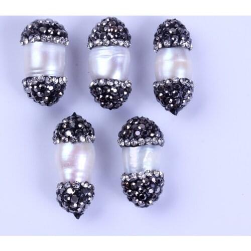 5 pcs charms natural cylindrical freshwater pearl jewelry pave rhinestone connector pendant for jewelry making DIY material 2020