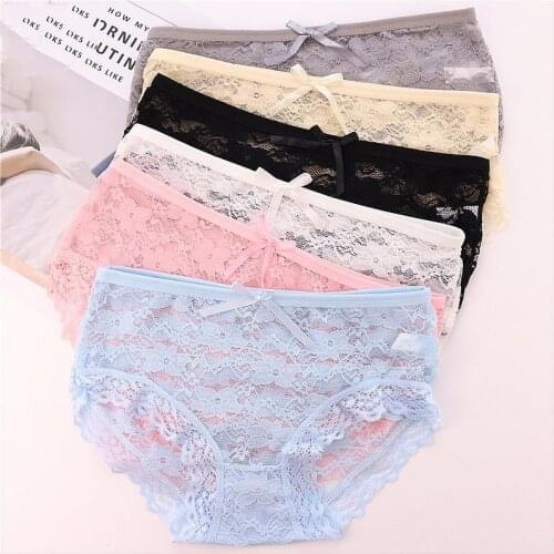 5pcs Sexy Lace Panties Soft Breathable Briefs Women Underwear Ladies Panty Transparent Tempting Mid Rise Lingerie Plus Size