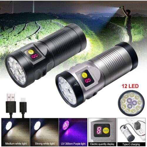 6000LM UV 395nm/white light 12LED Flashlight USB Rechargeable 3 Modes Purple Light Detection Flashlight Torch IPX67 Waterproof